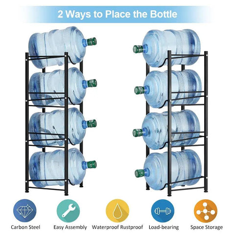 Heavy Duty 4 Tier Water Jug Rack for 5 Gallon Jugs Detachable Black Metal Bottle Holder with eight jugs storage.