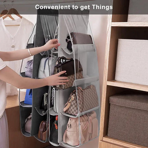 Super Handy Two Pack Hanging Handbag Purse Organizer in grey with eight pockets, displaying various purses in a closet