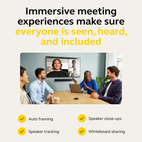 Intelligent Video Bar Webcam Delivers Fire 4K Action Over A Stunning 180 Degree Field Of View Perfect For Bustling Meeting Rooms with diverse participants.