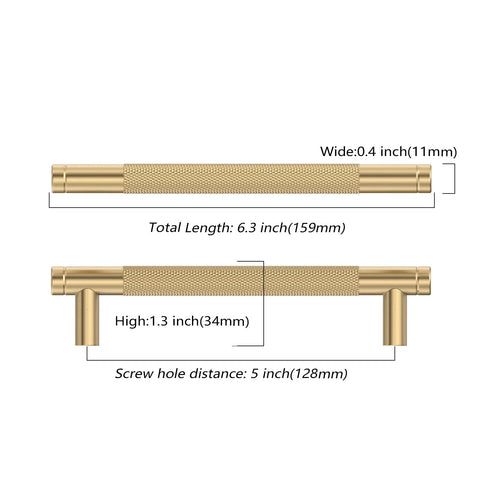 Diagram of 10 Pack 5 Inch Cabinet Pulls Champagne Bronze Knurled Handles, showing dimensions and screw hole distance for kitchen cabinets.