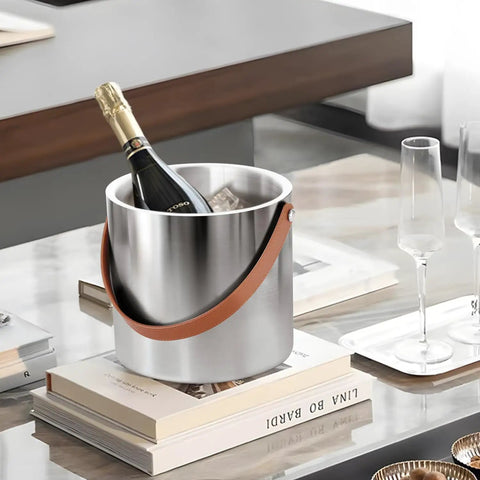 Double Wall Vacuum Insulated Ice Bucket With Lid, Scoop, Ice Tong, Strainer And Leather Handle, 3L Large Wine Ice Bucket