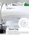 Six Piece Spool Cap Replacement Set For Sewing Machines And Overlocks Includes 25mm 35mm And 45mm Caps Fits Most Machines Easy Install Spool Pin Covers For Fast Fixes And Smooth Stitching. White spool cap on sewing machine with green thread spool