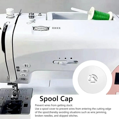 Six Piece Spool Cap Replacement Set For Sewing Machines And Overlocks Includes 25mm 35mm And 45mm Caps Fits Most Machines Easy Install Spool Pin Covers For Fast Fixes And Smooth Stitching. White spool cap on sewing machine with green thread spool