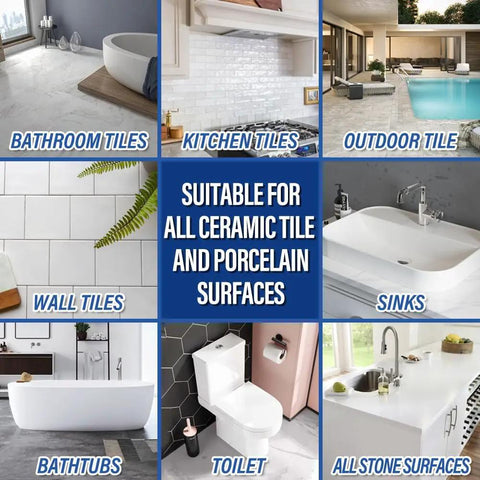 Image showing various applications of Color Match Ceramic And Porcelain Tile Repair Kit With Ultra Bond Adhesion on surfaces.