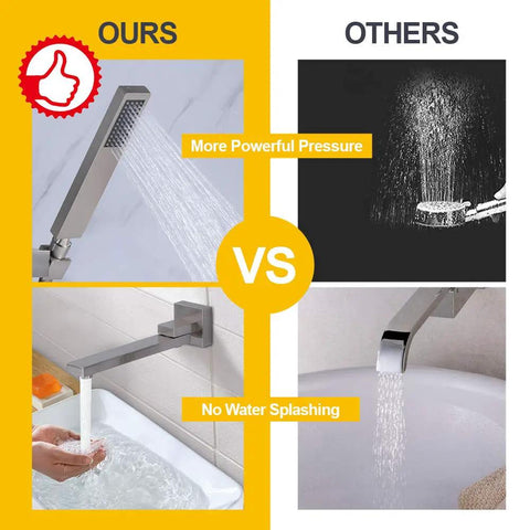 Comparison of Wall Mounted Tub Filler Faucet With Handheld Shower, brass, brushed nickel finish, shows powerful pressure and no splashing