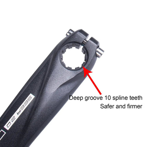 Close-up of the Hollow Integrated 170mm MTB Crankset with 104BCD, showing deep groove 10 spline teeth for strong connection.