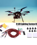 8 LED RC Aircraft Lighting Kit With Flashing Navigation Lights For Airplanes And Helicopters Manual Or Remote Modes Compatible With Futaba JR KO 2 4G Transmitters displayed with components.