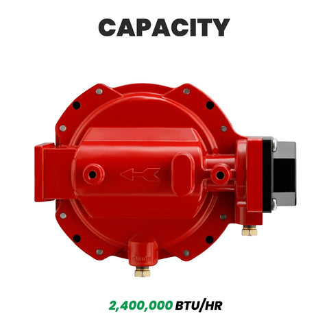 Propane regulator, Watflow LP-gas, back-mount one-stage, red circular body with 3/4 in NPT ports.