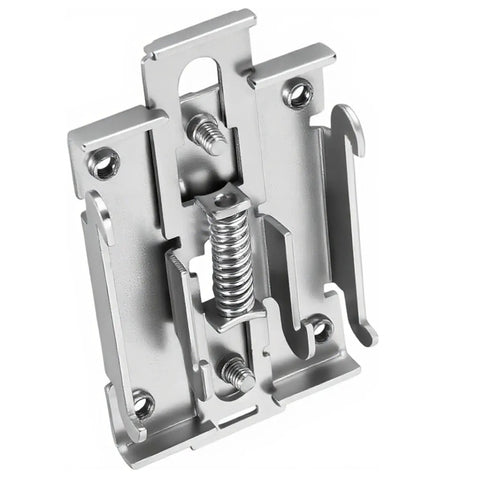 Close-up of stainless steel Two Pack 35mm DIN Rail Mount Brackets With Screws, Stainless Steel Relay Rail Clips For Solid State Relays And Single Phase Installations, Heavy Duty DIN Rail Mount Kit For Electrical Panels And Control Boxes showing detailed construction.