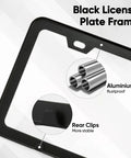 Two Pack Matte Black Aluminum License Plate Frames With Two Holes Narrow Design That Keeps Your Plate Fully Visible Includes Free Screws Fasteners Caps And Tool For Easy Installation Rugged Vehicle Plate Holder For Cars Trucks SUVs showing close-up of aluminum material and rear clips.