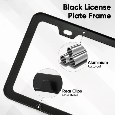 Two Pack Matte Black Aluminum License Plate Frames With Two Holes Narrow Design That Keeps Your Plate Fully Visible Includes Free Screws Fasteners Caps And Tool For Easy Installation Rugged Vehicle Plate Holder For Cars Trucks SUVs showing close-up of aluminum material and rear clips.