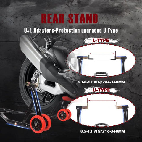 Rear view of Front And Rear Motorcycle Stands 850lbs Combo Lift With Four Adapters Universal Paddock Stands Wheel Lift, U and L type adapters.