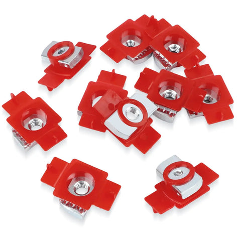 Red Galvanized 1/4 20 Unistrut Channel Squeeze Nuts With Twist Tab Smooth Glide 100 Pack on white background