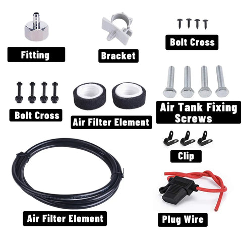 Components including fittings, brackets, screws, and air filter elements for Built Tough 150 PSI Air Compressor kit.
