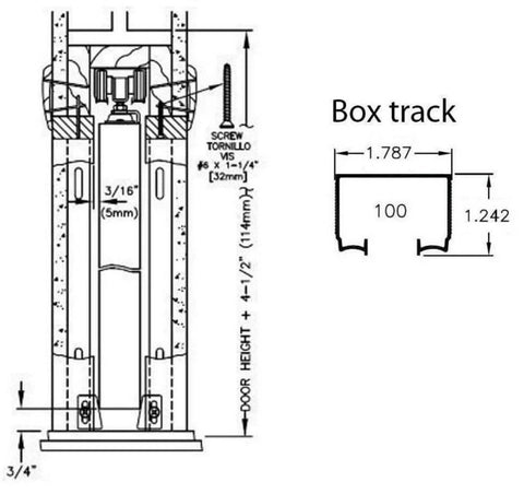 Diagram of Quadro 4088 Sliding Interior Door Kit With Black Matte Frosted Glass Pocket Door 36 By 96 Inches Solid MDF Core And Complete Pocket Hardware System Included For Space Saving Interior Doors showing box track dimensions and fittings.