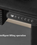 Control panel of Super Sturdy Electric Standing Desk With Dual Storage Drawers And Whisper Quiet Lift Features A Heavy Duty Ash Wood Desktop In Crisp Matte Black.