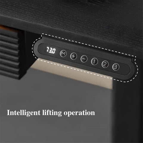 Control panel of Super Sturdy Electric Standing Desk With Dual Storage Drawers And Whisper Quiet Lift Features A Heavy Duty Ash Wood Desktop In Crisp Matte Black.