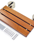 Premium Burmese Teak Folding Shower Seat Bench Wall Mounted With Brushed Finish, Solid Teak Wood With Stainless Steel Bars, 330 Lb Capacity