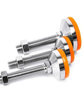 Six Adjustable Leveling Feet Set Heavy Duty Carbon Steel Glides With Large Bases Supports Up To 1000 Lb Ideal For Cabinets Tables Chairs Shelves Industrial Equipment And Machinery Stabilizes On Uneven Floors Reduces Shake And Vibration, silver threaded feet with orange bases