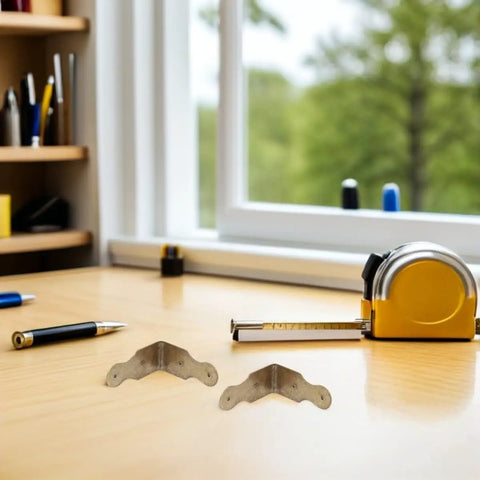 Six Pack L Shaped Brass Corner Protectors For Jewelry Boxes And Gift Boxes on wooden desk with tools in background