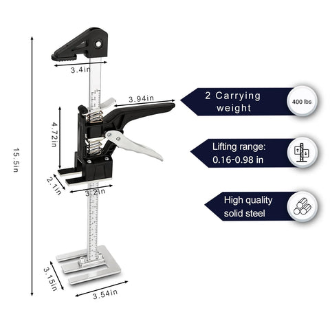 Front view of EnryKuo 15.5-inch arm jack; black furniture lifter with scale, 2-pack for cabinet/tile installs