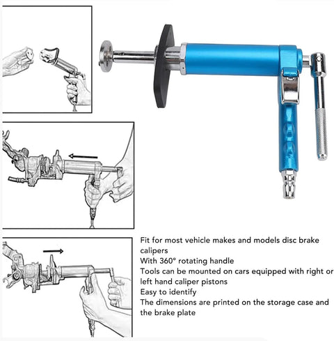 Pneumatic Brake Caliper Piston Wind Back Tool Kit With 22 Adapters, Heavy Duty Caliper Compression Spreader shown with diagrams.