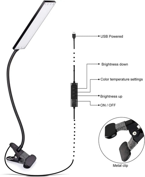 Clip On LED Desk Lamp With Eye Caring Light And Metal Clip 11 Brightness Levels And 3 Color Modes USB Powered 5W Reading Lamp
