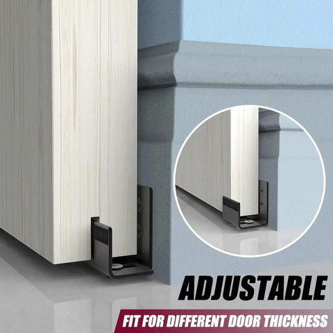2 Pack Barn Door Bottom Floor Guide With Extend Bracket Wall Mounted Adjustable Flush Bottom Matte Black close-up view.