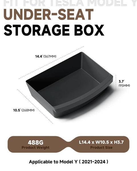 Dead On Fit Under Seat Storage For Tesla Model Y Black 2 Pack, showing dimensions and design of a rugged storage box.