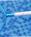 5 Pack Stainless Steel V Shaped Pool Pole Clips With Easy Push Button Snap Attachments For Secure Net Installation And Durable Connection Compatible With Various Swimming Pool Tools attached to a pool net above a tiled pool.