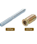 Solid M6 X60mm Hanger Bolts And Heavy Duty Self Tapping Wood Dowel Screws Coupled With Eight M6 Hex Inserts, 8-piece set.