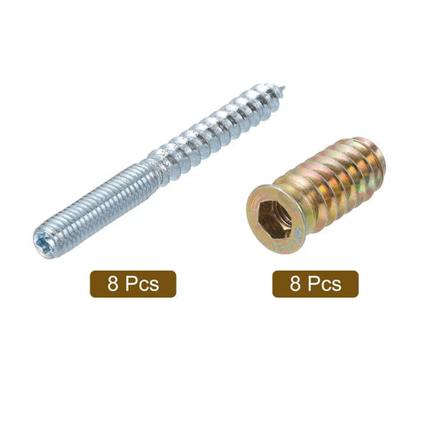 Solid M6 X60mm Hanger Bolts And Heavy Duty Self Tapping Wood Dowel Screws Coupled With Eight M6 Hex Inserts, 8-piece set.