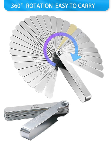 Feeler gauge set with 32 stainless steel blades in a folding fan; dual metric and SAE markings; metal storage case