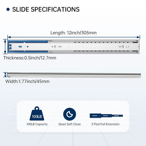 Specifications of No-Fuss Soft-Close Heavy-Duty 12-Inch Drawer Slides 1 Pair 100-Pound Load Capacity, showing length, width, thickness.