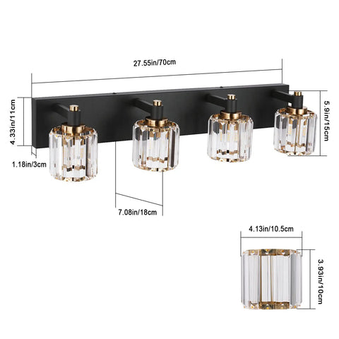 Modern Crystal Vanity Light Fixture For Bathroom Four Light Bar In Black And Gold Finish E12 Bulbs Up To 60W Dimmable And Non Dimmable Compatible 27.55 Inch Long By 4.33 Inch Wide Wall Mount Bath Lighting showing dimensions