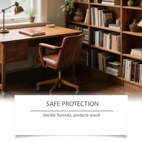 Wood Floor Scratch Repair Kit With Rosin Nano Silica Formula displayed on wooden desk with chair and bookshelf in background.