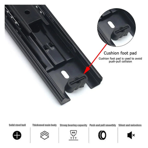 Close-up of Heavy Duty Side Mounted Ball Bearing Drawer Slides Full Extension Telescopic Cabinet Runners with cushion foot pad.