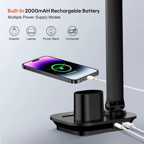 Go To Foldable USB Desk Lamp With Dimmable LED Light Three Color Temperatures Touch Control Built In Phone And Pen Holder shown with multiple USB connections and phone charging.