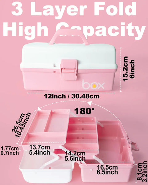 12 Inch 3 Layer Plastic Storage Organizer Box With Handy Handle Portable Folding Tackle Box Adjustable Dividers White Pink