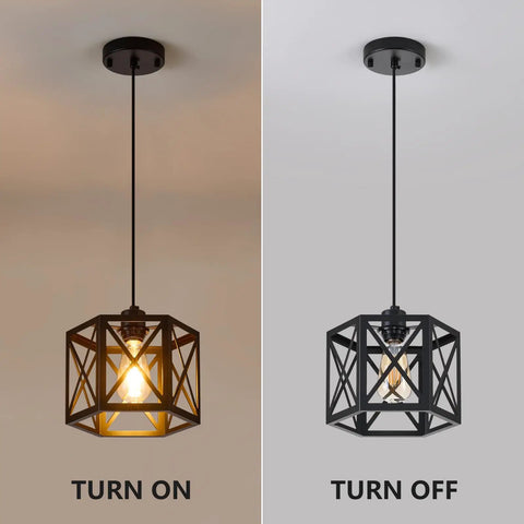 Farmhouse Pendant Lights 2 Pack Modern Black Hanging Light Fixtures With Hexagonal Cage shown on and off