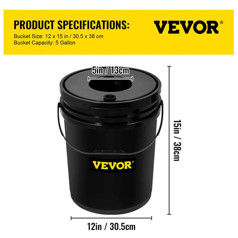 Black 5-gallon bucket for DWC Deep Water Culture Hydroponic System For Indoor Outdoor Leafy Greens With 8 Buckets Holding 5 Gallons Each Epic Grow Kit With Pump Air Stone And Water Level Device, dimensions labeled.