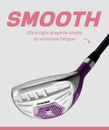 Close-up of M5 Women’s Golf Clubs Set For Right Hand Players with purple graphite shaft hybrid and stainless steel head.