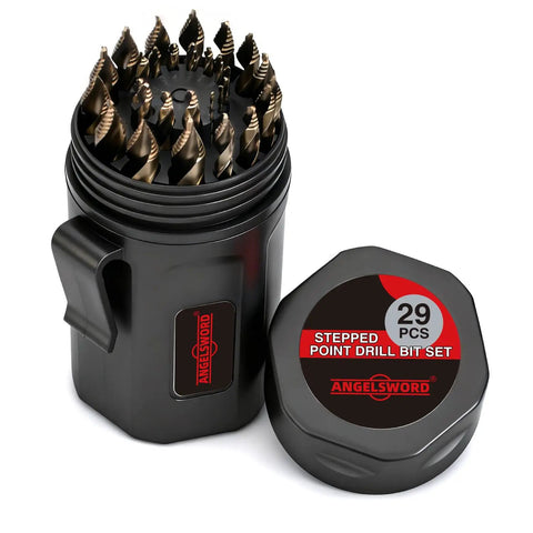 M35 Cobalt TiAlN Coated Stepped Point Drill Bit Set, 29 Pc, 1/16 to 1/2 Inch In 1/64 Inch Increments in a black case.