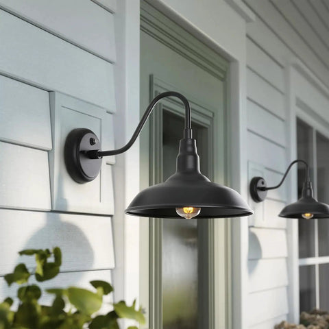 Outdoor Gooseneck Barn Light With Dusk To Dawn Sensor Matte Black Exterior Wall Mount Fixture For Porch Patio And Garage No Fuss Waterproof Farmhouse Sconce 2 Pack mounted on a wall