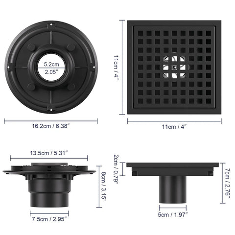 Level Up Your Bath Game With This Heavy Duty 4 Inch Square Shower Floor Drain Cover Featuring Rust Proof Matte Black Finish And Ingenious Hair Catcher Grid For Smooth Zero Clog Daily Draining dimensions and design overview.