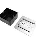 Heavy Duty Recessed Floor Outlet With Two Electrical Receptacles Featuring Double Slide Stainless Steel Build and black housing.