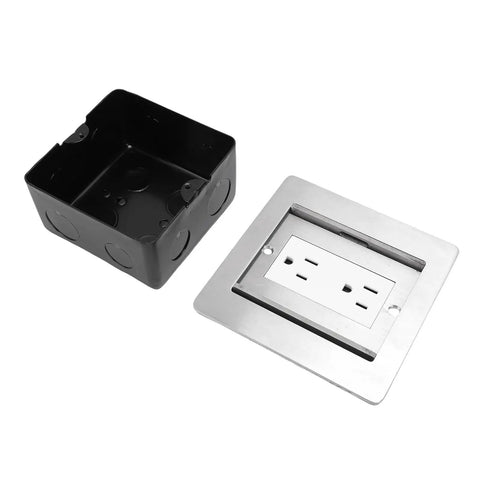 Heavy Duty Recessed Floor Outlet With Two Electrical Receptacles Featuring Double Slide Stainless Steel Build and black housing.