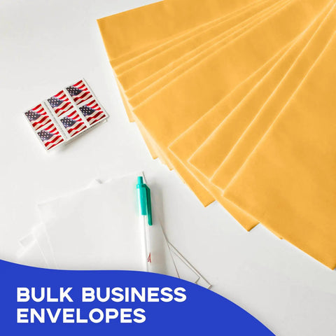 Open End Manila Envelopes 7.5 By 10.5 Inches Yellow 100 Pack With Peel And Seal Closure, stamps and a pen on a desk