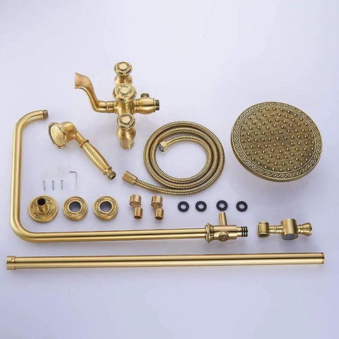 Kick Up Your Shower Game With This Antiqued Copper Finish Three Function Pressurized Spray System Built Tough For Real Muscle Relief And Rust Free Vibes Straight Fire For Any Modern Bathroom Setup. Gold shower head components and hose included.