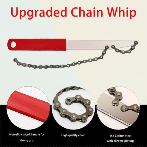 All In One Cassette Removal Tool Kit With Chain Whip, Freewheel Remover, And Lockring Extractor shows upgraded chain whip with red handle.